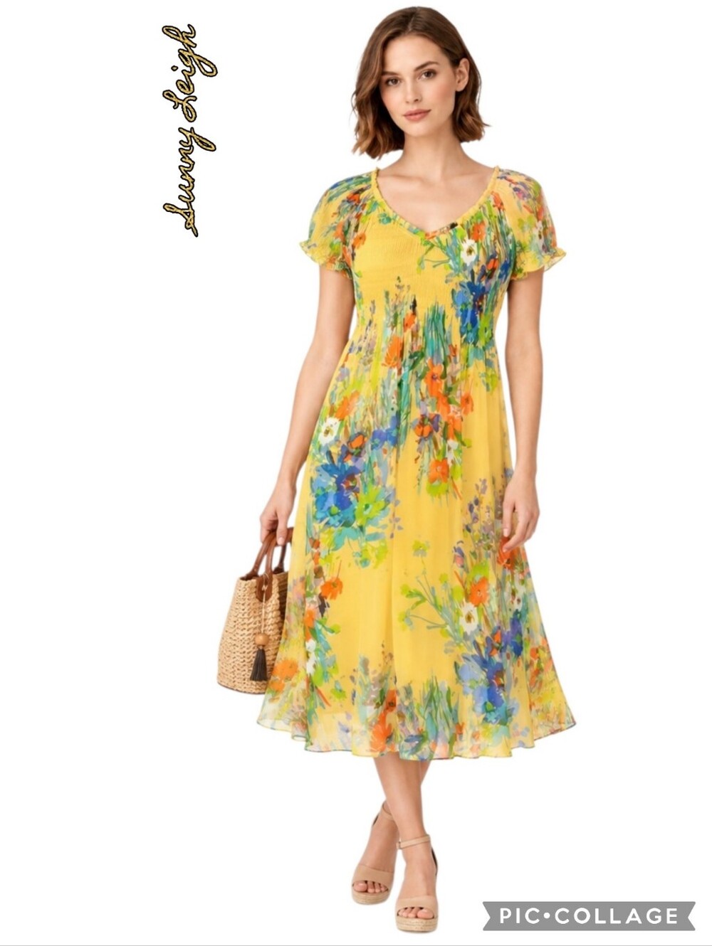 Sunny Leigh dress floral watercolor print smocked bodice full lining  NWT